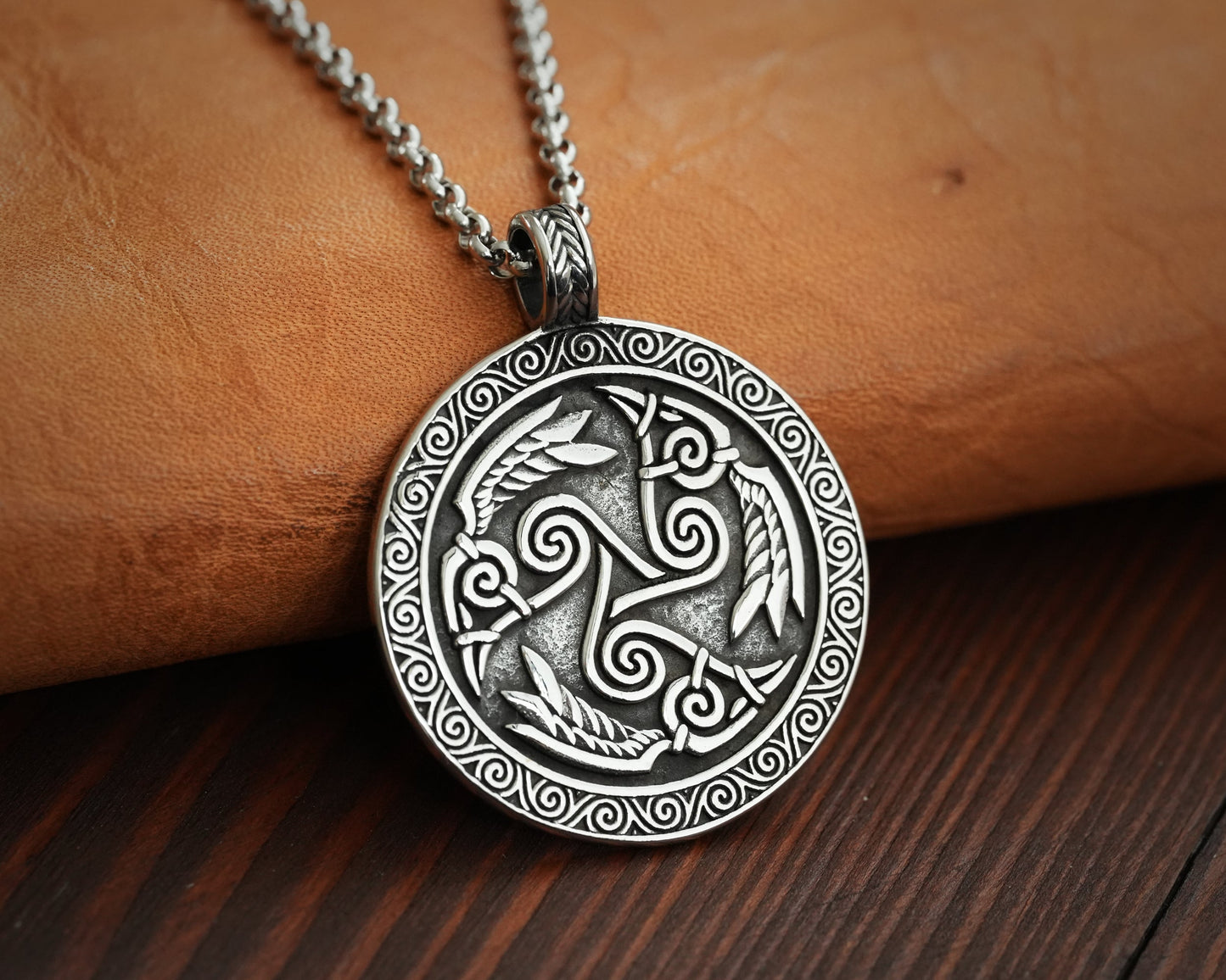 Celtic Morrigan Goddess Three Ravens Morrighan Triskelion Triskele Pendant Necklace Charm Medallion - Baldur Jewelry