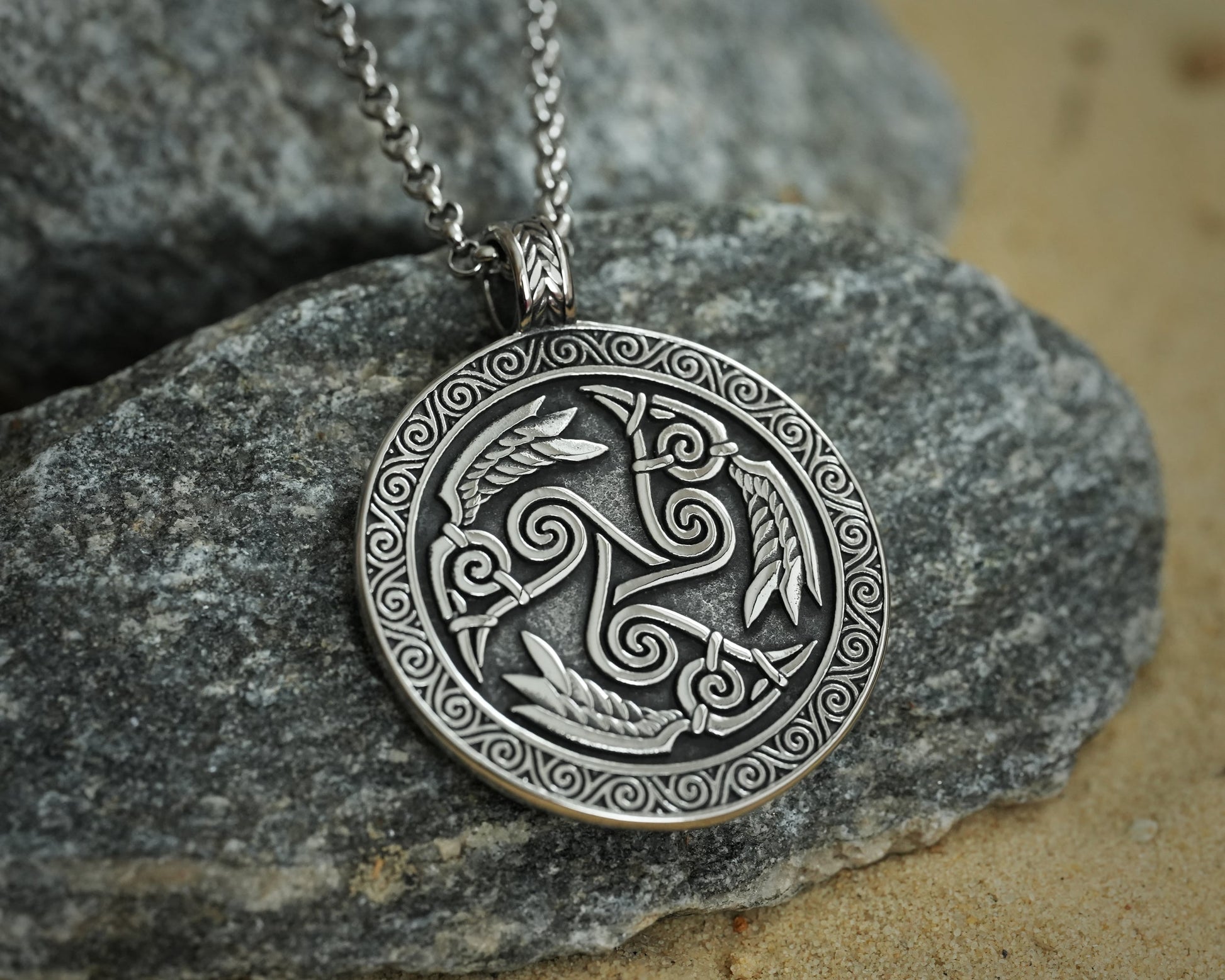 Celtic Morrigan Goddess Three Ravens Morrighan Triskelion Triskele Pendant Necklace Charm Medallion - Baldur Jewelry