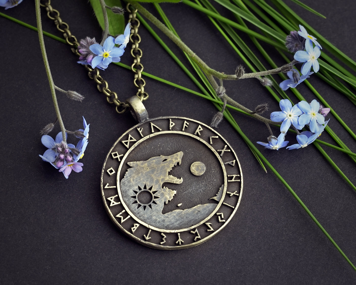 Wolf Necklace Viking Wolves Skoll and Hati Chasing Sun and Moon  Balance In Life - Full Set Futhark Runes - Algiz Tiwaz Fenrir Pendant