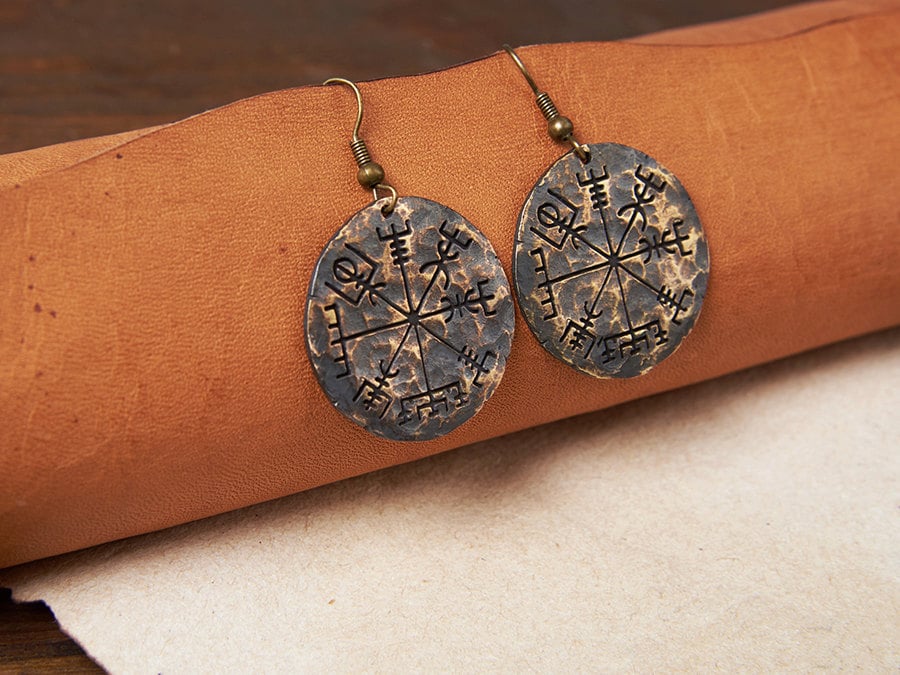 Viking Jewelry Compass Vegvisir Earrings Norse Jewelry Hand Hammered - Baldur Jewelry