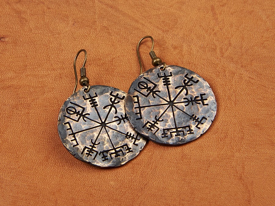 Viking Jewelry Compass Vegvisir Earrings Norse Jewelry Hand Hammered - Baldur Jewelry
