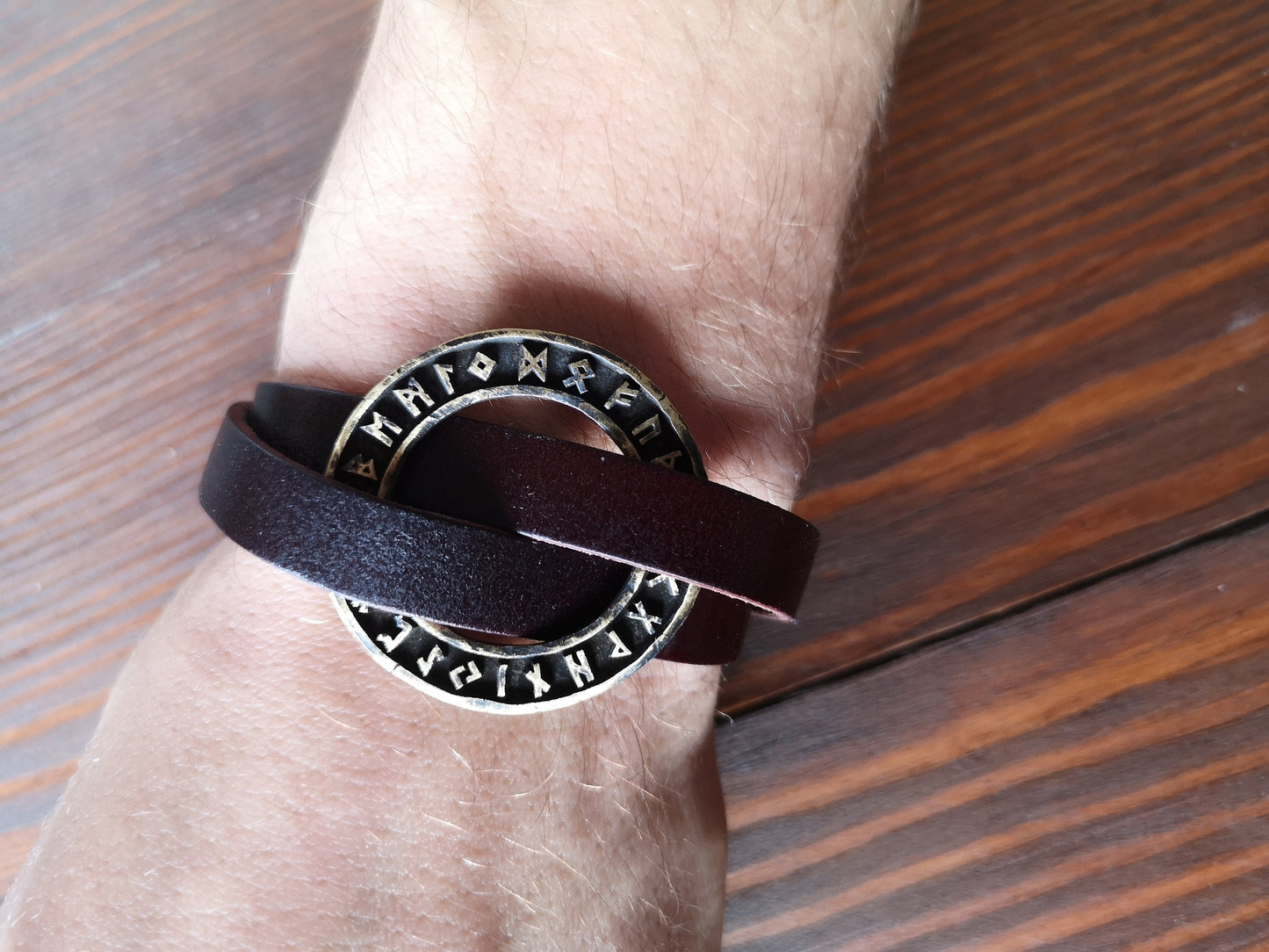 Viking Leather Runic Futhark Bracelet For Men With Stainless Steel Fitting - Baldur Jewelry
