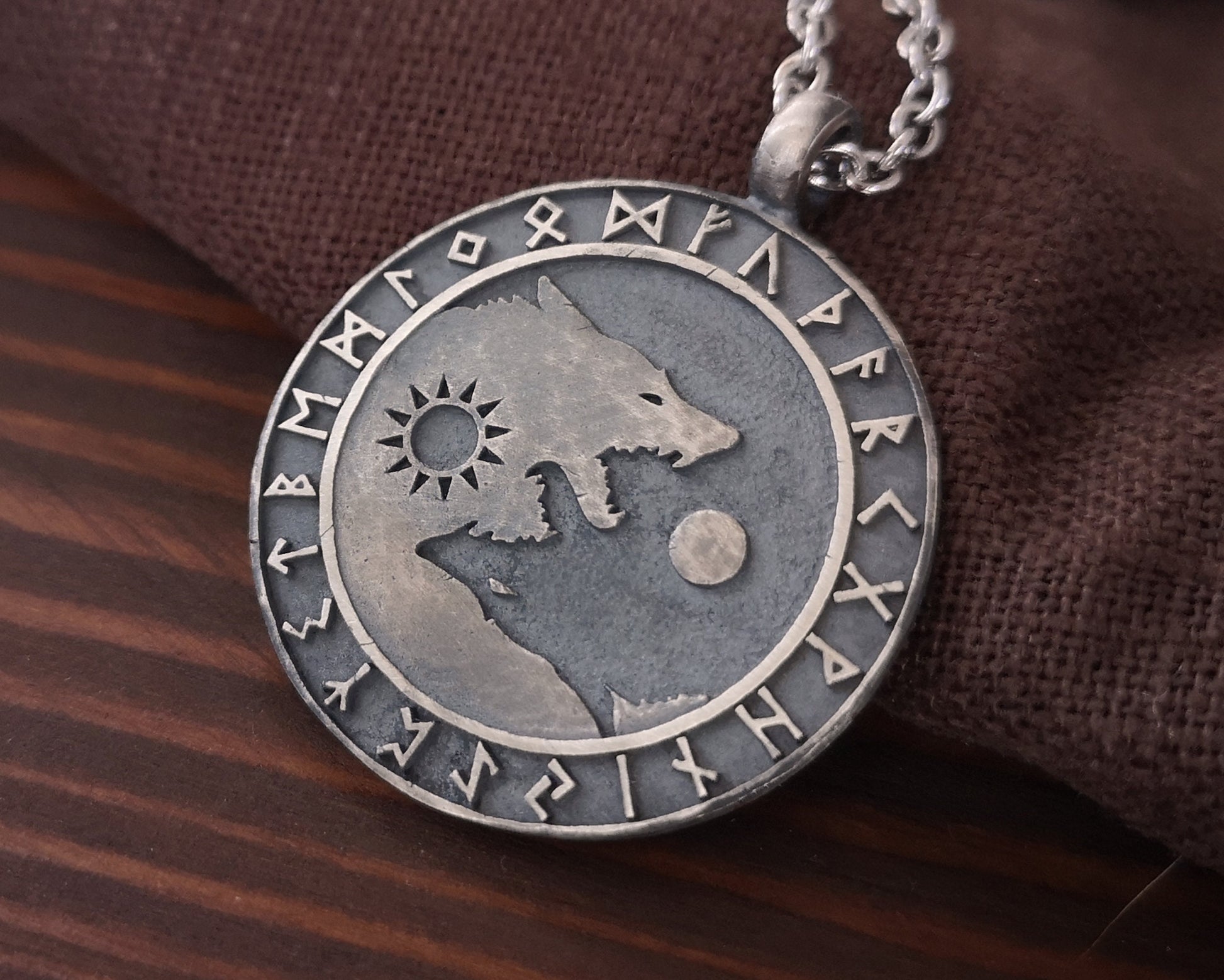 Wolf Necklace Viking Wolves Skoll and Hati Chasing Sun and Moon  Balance In Life - Full Set Futhark Runes - Algiz Tiwaz Fenrir Pendant - Baldur Jewelry