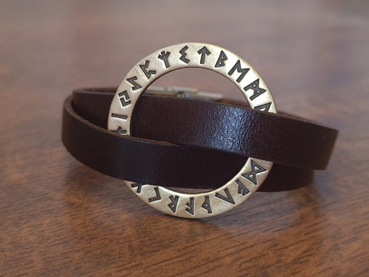 Viking Leather Runic Futhark Bracelet For Men With Stainless Steel Fitting Bright Finished - Baldur Jewelry