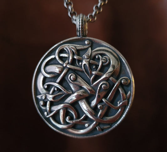 Viking Norse Urnes Dragon Snake Silver Pendant Necklace Amulet Ancient Jewelry for Men Women with Chain - Baldur Jewelry
