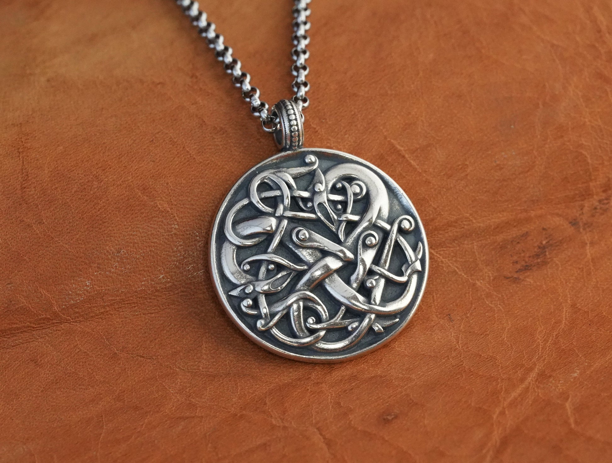 Viking Norse Urnes Dragon Snake Silver Pendant Necklace Amulet Ancient Jewelry for Men Women with Chain - Baldur Jewelry