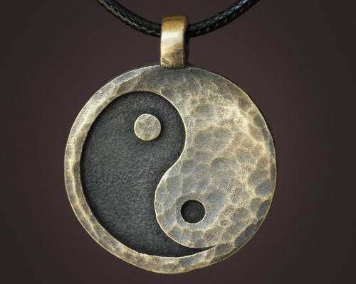 Hand Hammered Ancient Looking Yin Yang Necklace Pendant For Men and Women With Adjustable String - Baldur Jewelry