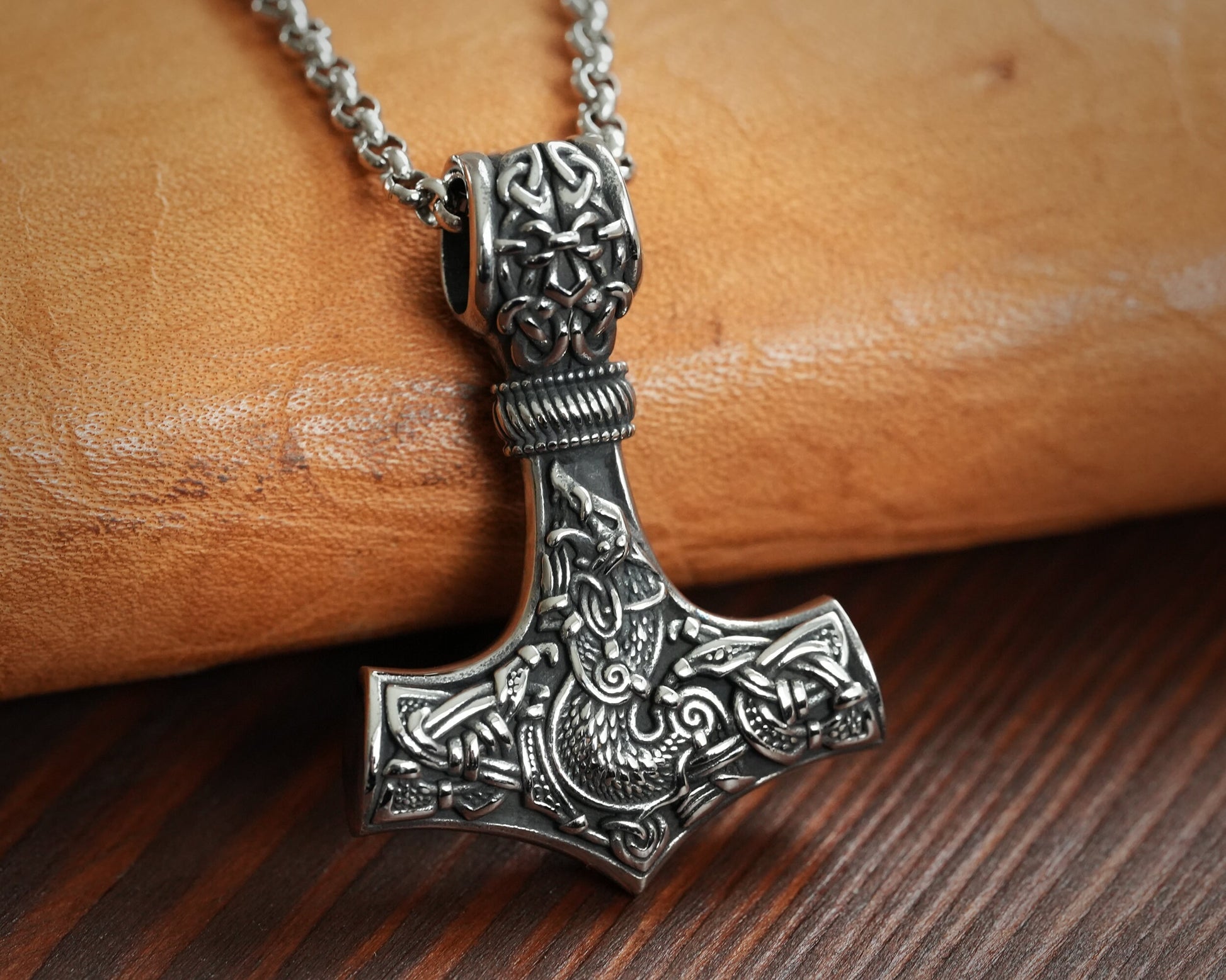 925 Sterling Silver Viking Wolf Fenrir Thor Hammer Thors Mjölnir Mjolnir Necklace Pendant - Baldur Jewelry
