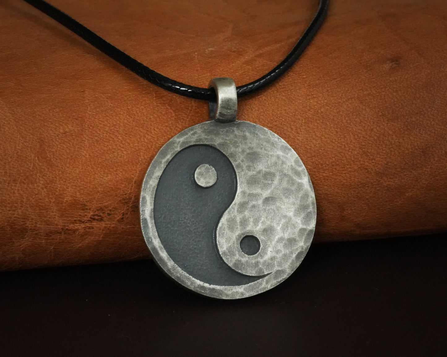 Hand Hammered Ancient Looking Yin Yang Necklace Pendant For Men and Women With Adjustable String - Baldur Jewelry