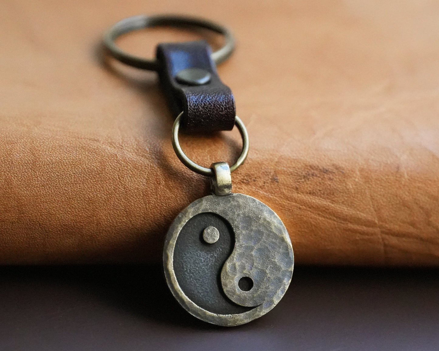 Hand Hammered Ancient Looking Yin Yang Leather Keychain For Men and Women