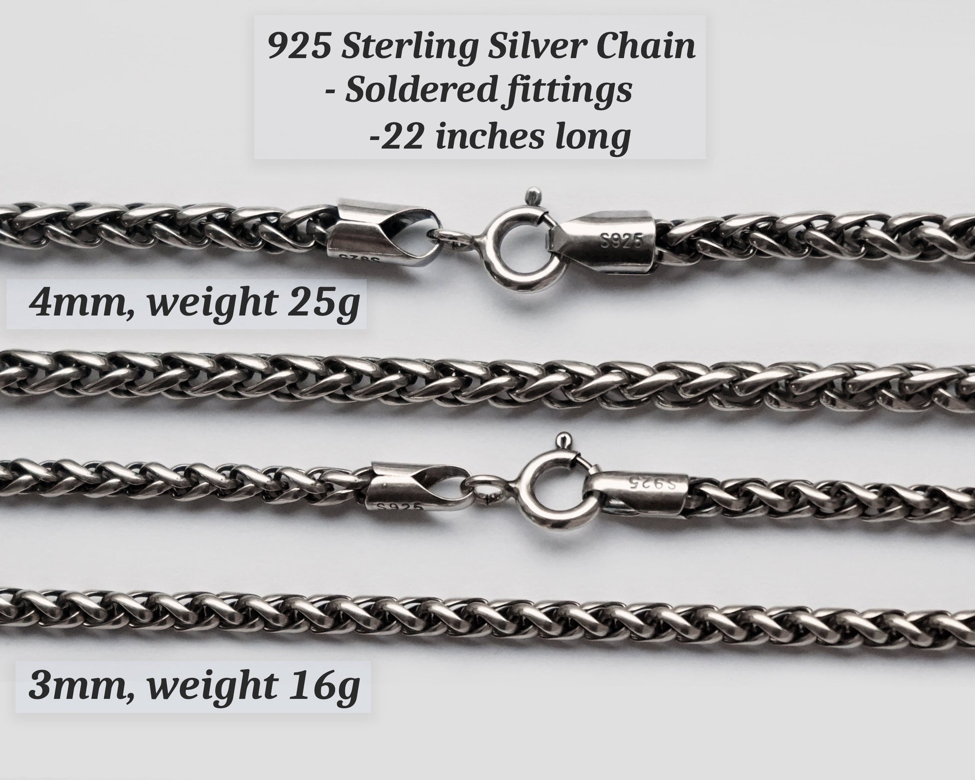 925 Sterling Silver Wheat Chain with soldered fittings 22 inches - Baldur Jewelry