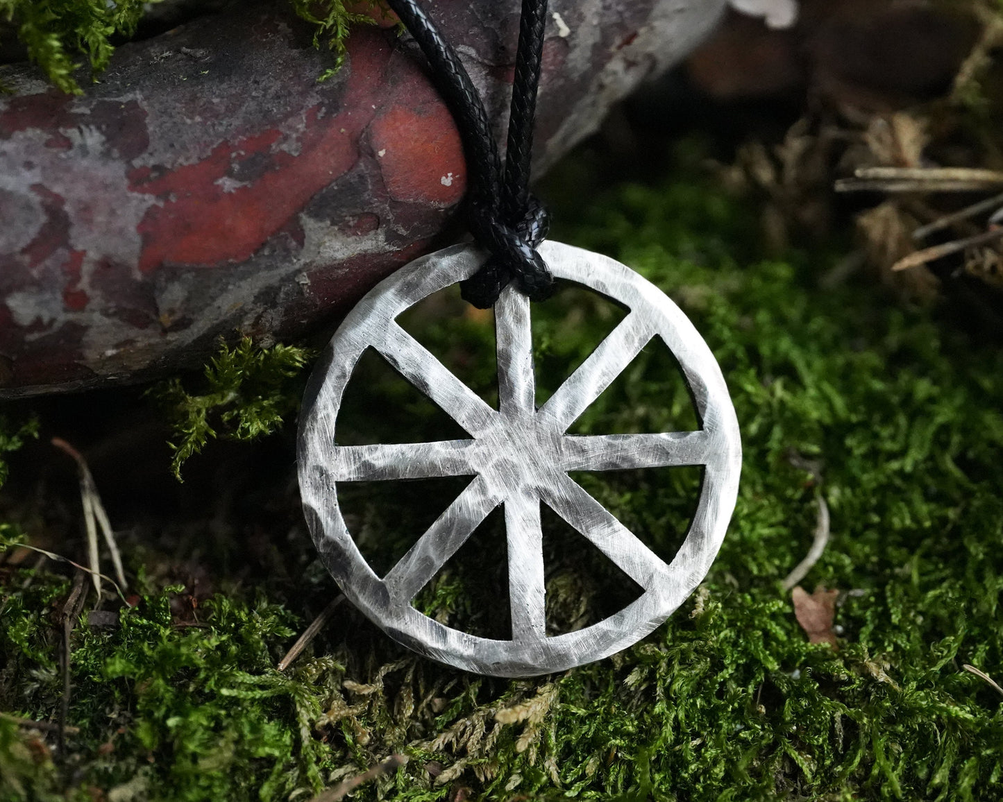 Hand Hammered Solar Cross Sun Wheel Viking Cross Wheel of Life, Eight Spoked Wheel Dharma Wheel Viking Jewelry Pendant Necklace Dharmachakra - Baldur Jewelry