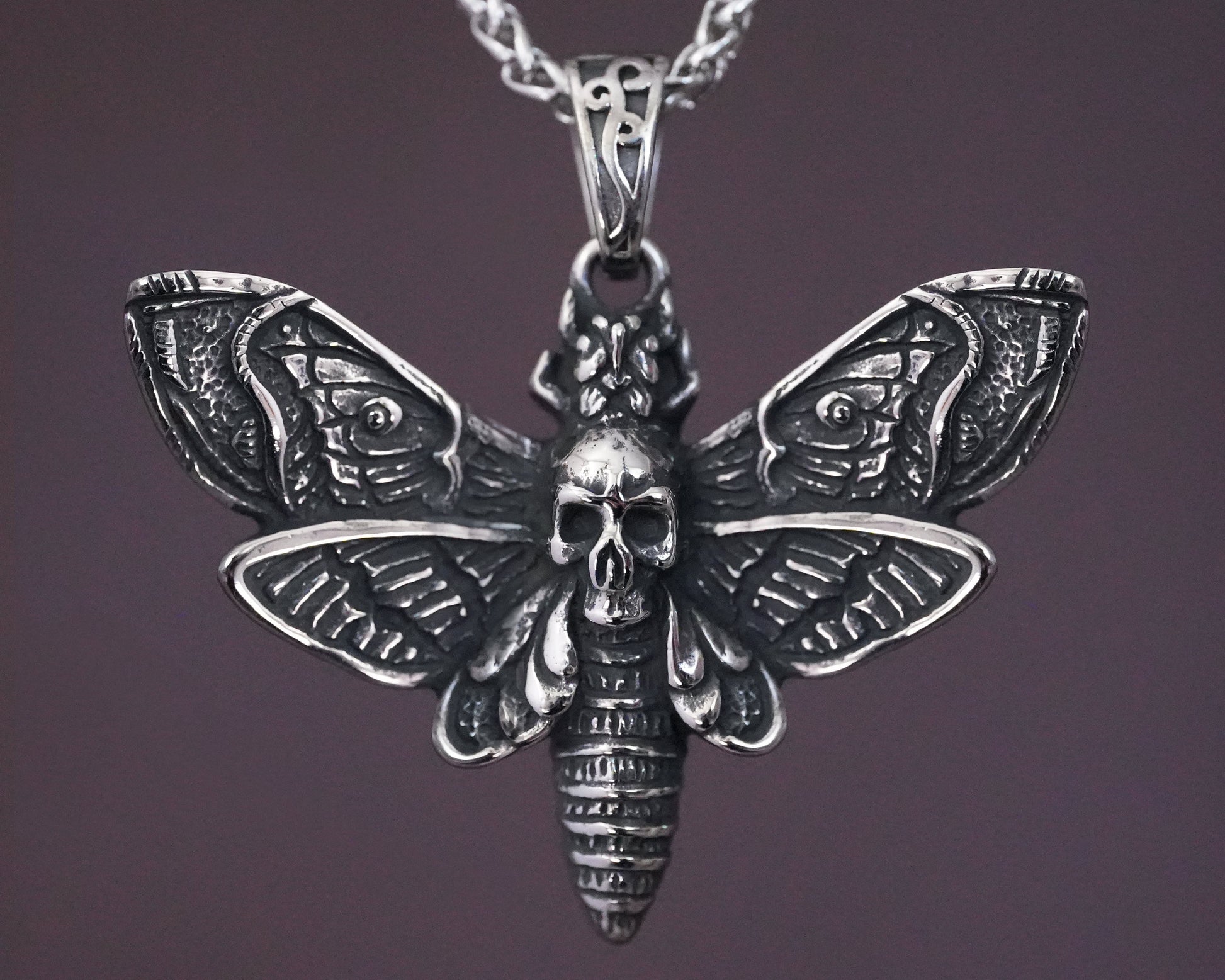 Death Skull Hawk Moth Necklace With Chain Stainless Steel - Gothic Transformation Life Cycle Symbol Moth pendant, Death Head Moth Large - Baldur Jewelry