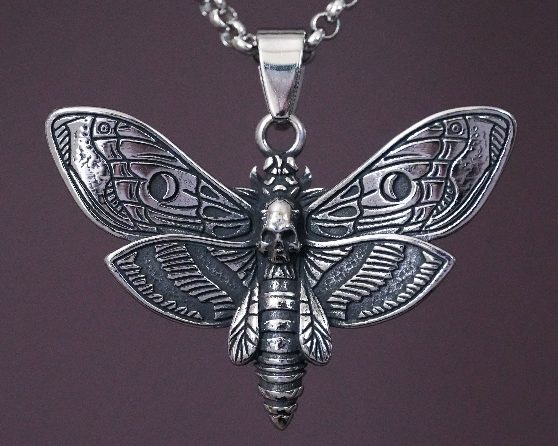 Death Skull Hawk Moth Necklace With Chain Stainless Steel - Gothic Transformation Life Cycle Symbol Moth pendant, Death Head Moth necklace - Baldur Jewelry