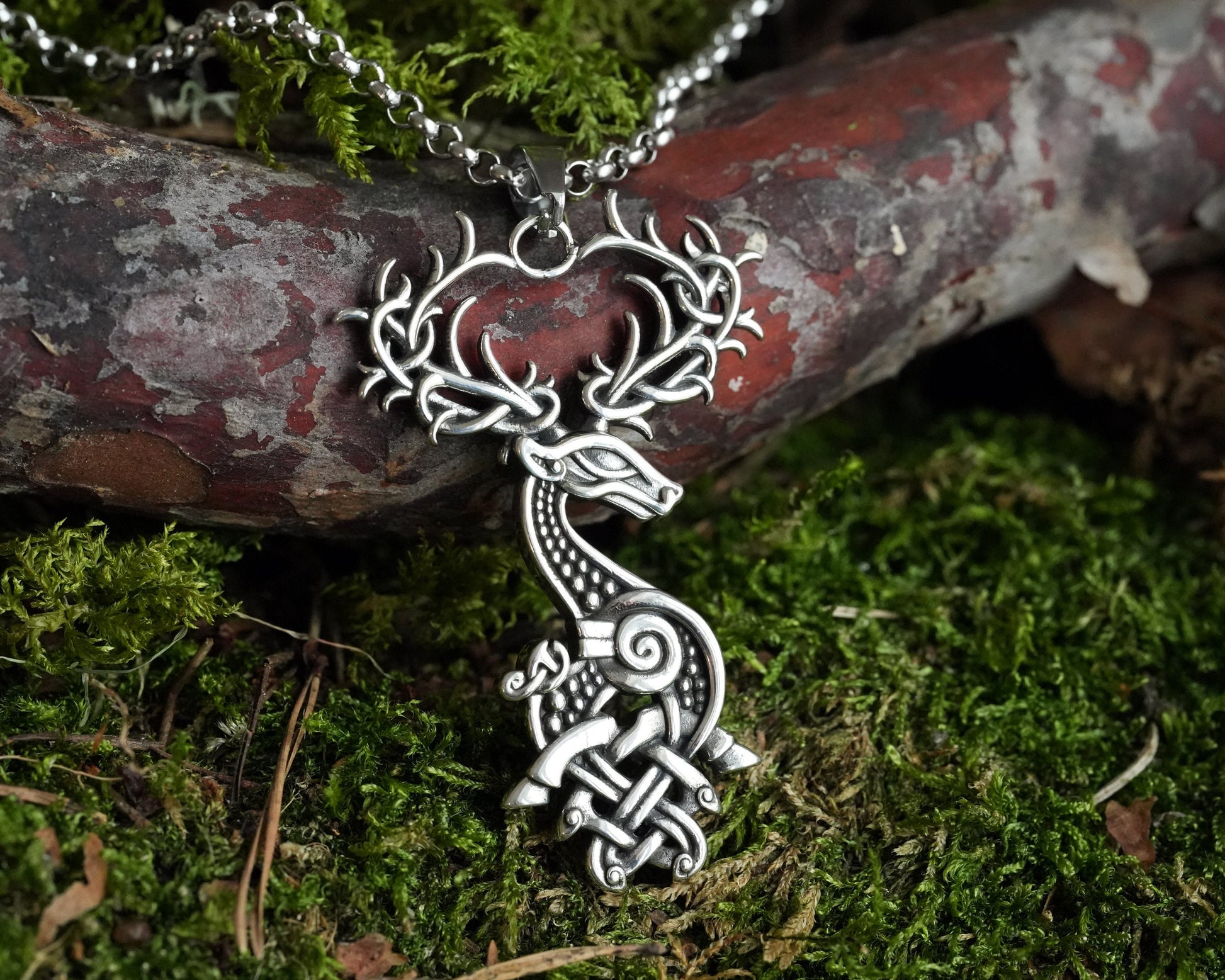 Viking Celtic White Stag Deer Antler Necklace Pendant Viking Knotwork, Symbol of Rebirth, Transformation, Untamed Spirit, Helper of Shaman - Baldur Jewelry