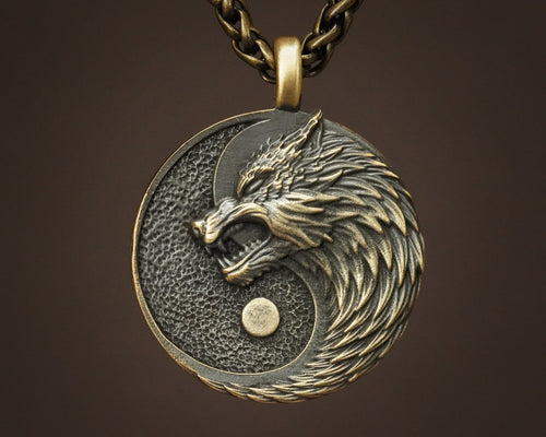 Wolf Yin Yang Necklace Pendant Jewelry - Wolves Amulet Gift - Solid Brass / 925 Sterling Silver -  Lovers and Friendship Best Friend Symbol - Baldur Jewelry