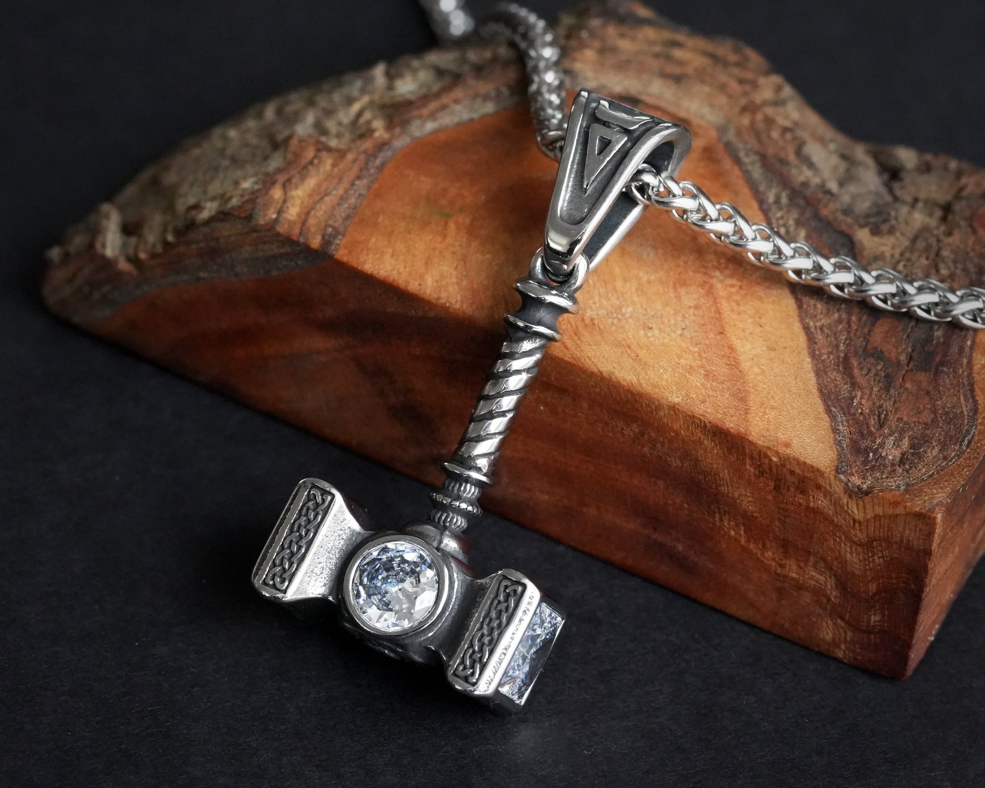 Handmade Viking Thor Hammer with Gemstone Crystals Necklace Pendant For Men and Women With Strong 22 Inches Long Chain, Golden / Silver - Baldur Jewelry