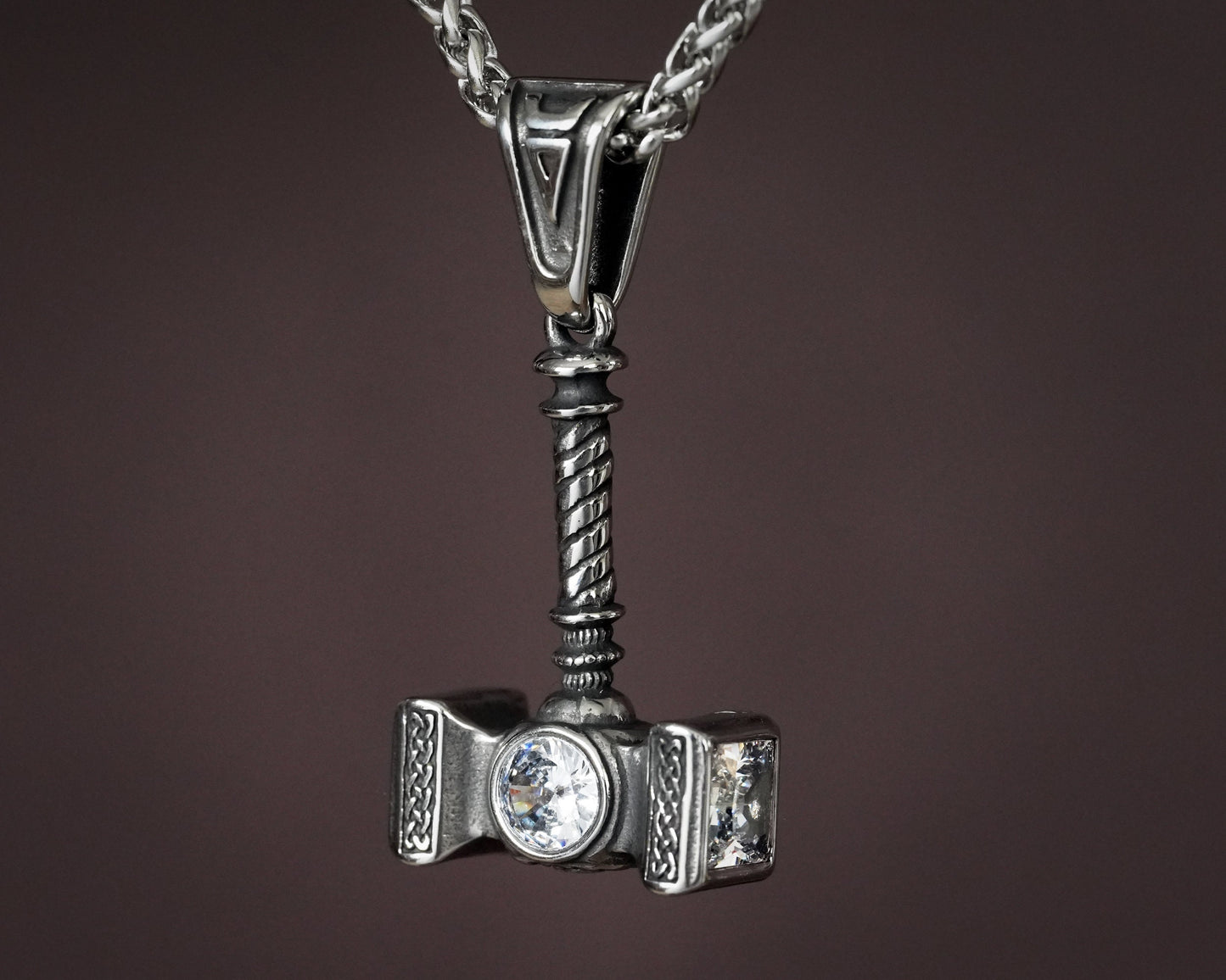 Handmade Viking Thor Hammer with Gemstone Crystals Necklace Pendant For Men and Women With Strong 22 Inches Long Chain, Golden / Silver - Baldur Jewelry