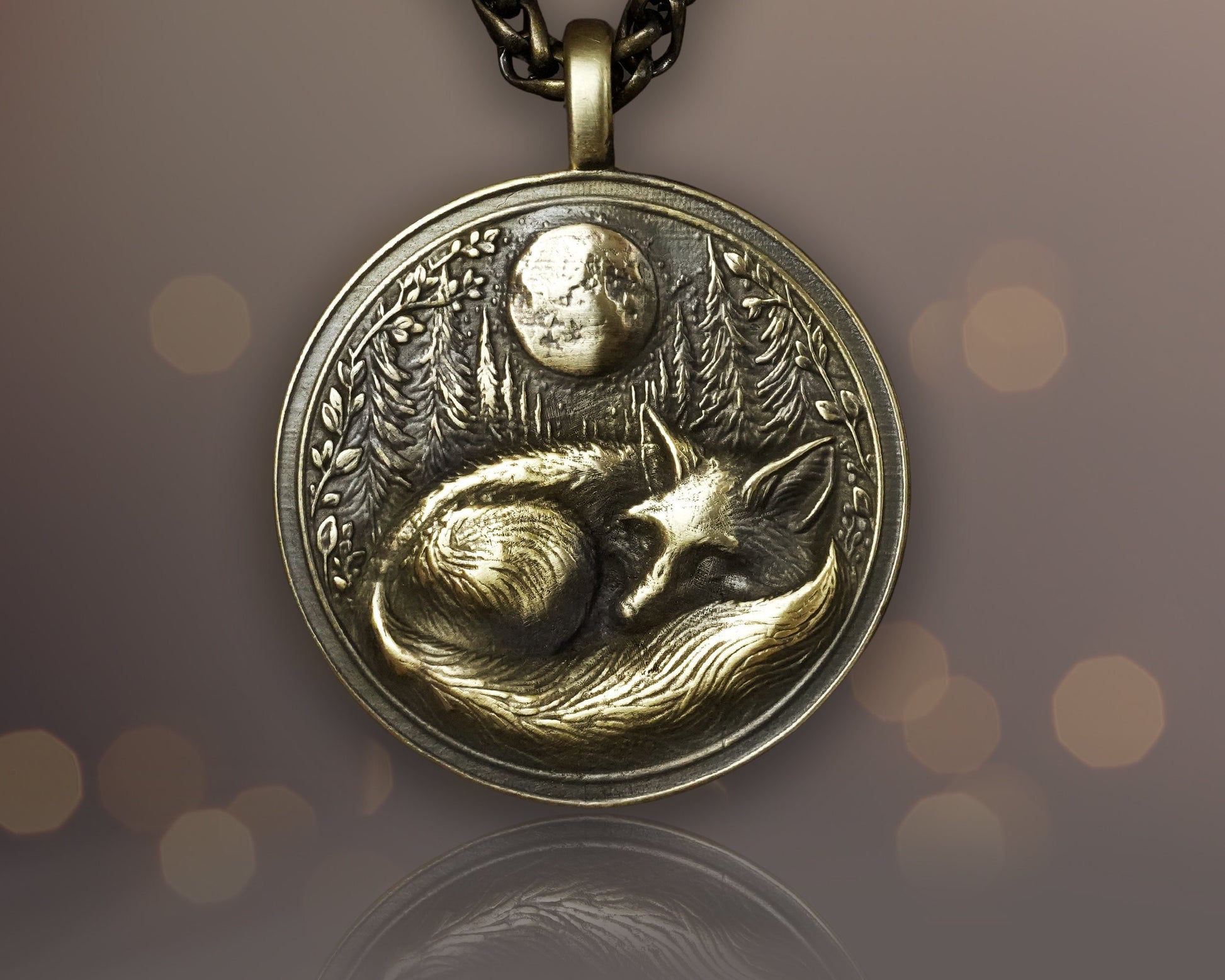 Sleeping Fox in Full Moon Forest Nature Necklace Pendant - Brass and Silver Casting - Handmade in Our Workshop - Comes With Chain - Jewelry - Baldur Jewelry