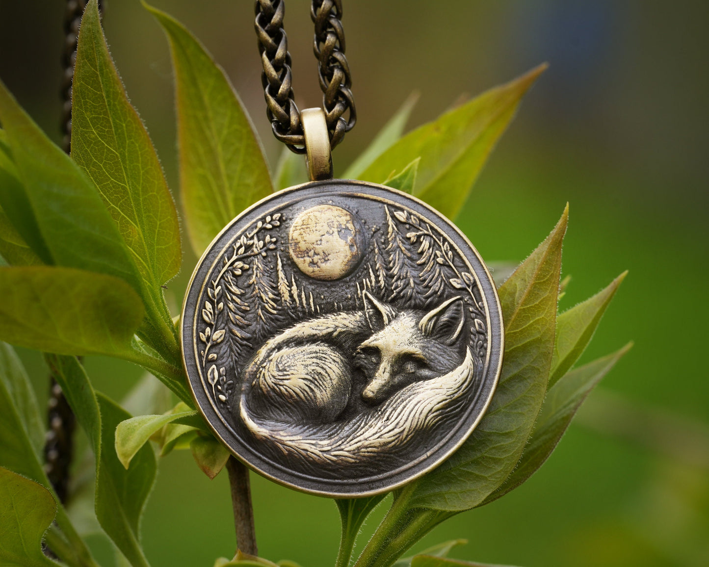 Sleeping Fox in Full Moon Forest Nature Necklace Pendant - Brass and Silver Casting - Handmade in Our Workshop - Comes With Chain - Jewelry - Baldur Jewelry