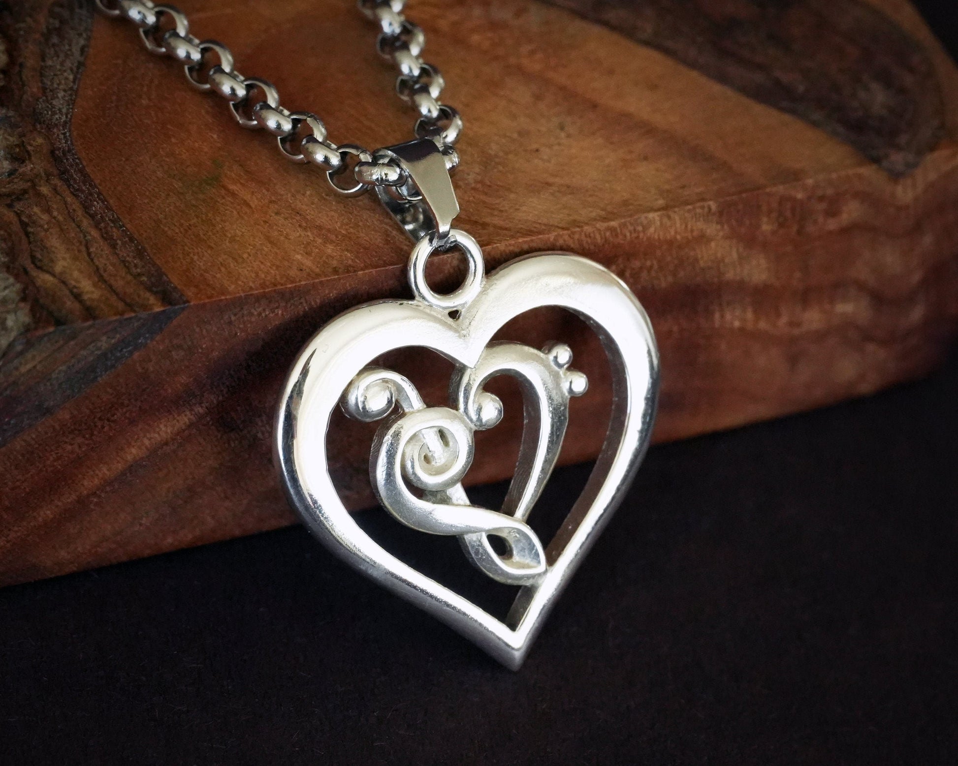 Treble & Bass Clef Heart Pendant Necklace Amulet for Her Women music brass / 925 Sterling Silver - Baldur Jewelry