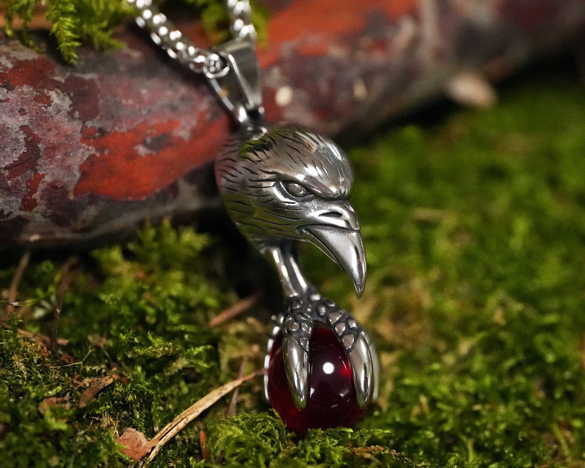 Witch Necklace Women Men Raven Claw With Red Glass Orb Spiritual Transformation Wicca Astrology Witchcraft Pagan Jewelry Protection Charm - Baldur Jewelry