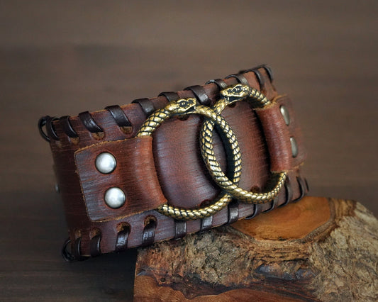 Genuine Leather Bracelet With Ouroboros Snake viper Ring For Men Women, Adjustable Wrap, Ethnic Tribal Braided Bracelet Wristbands Iternity - Baldur Jewelry