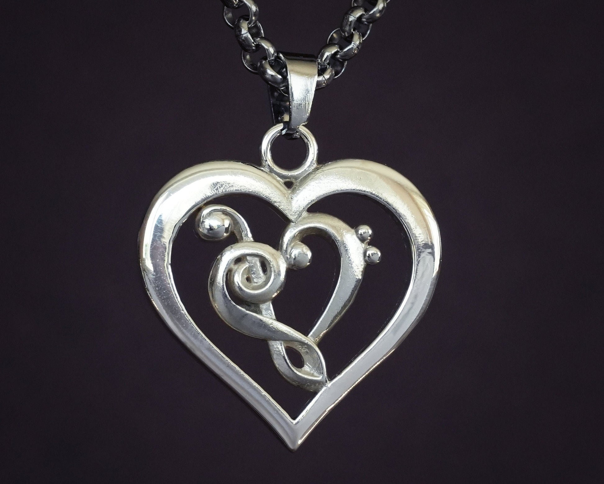 Treble & Bass Clef Heart Pendant Necklace Amulet for Her Women music brass / 925 Sterling Silver - Baldur Jewelry