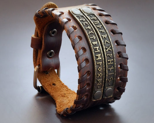 Genuine Leather Bracelet With Viking Rune Futhark Metal Plates For Men Women, Adjustable Wrap, Ethnic Tribal Braided Bracelet Wristbands - Baldur Jewelry