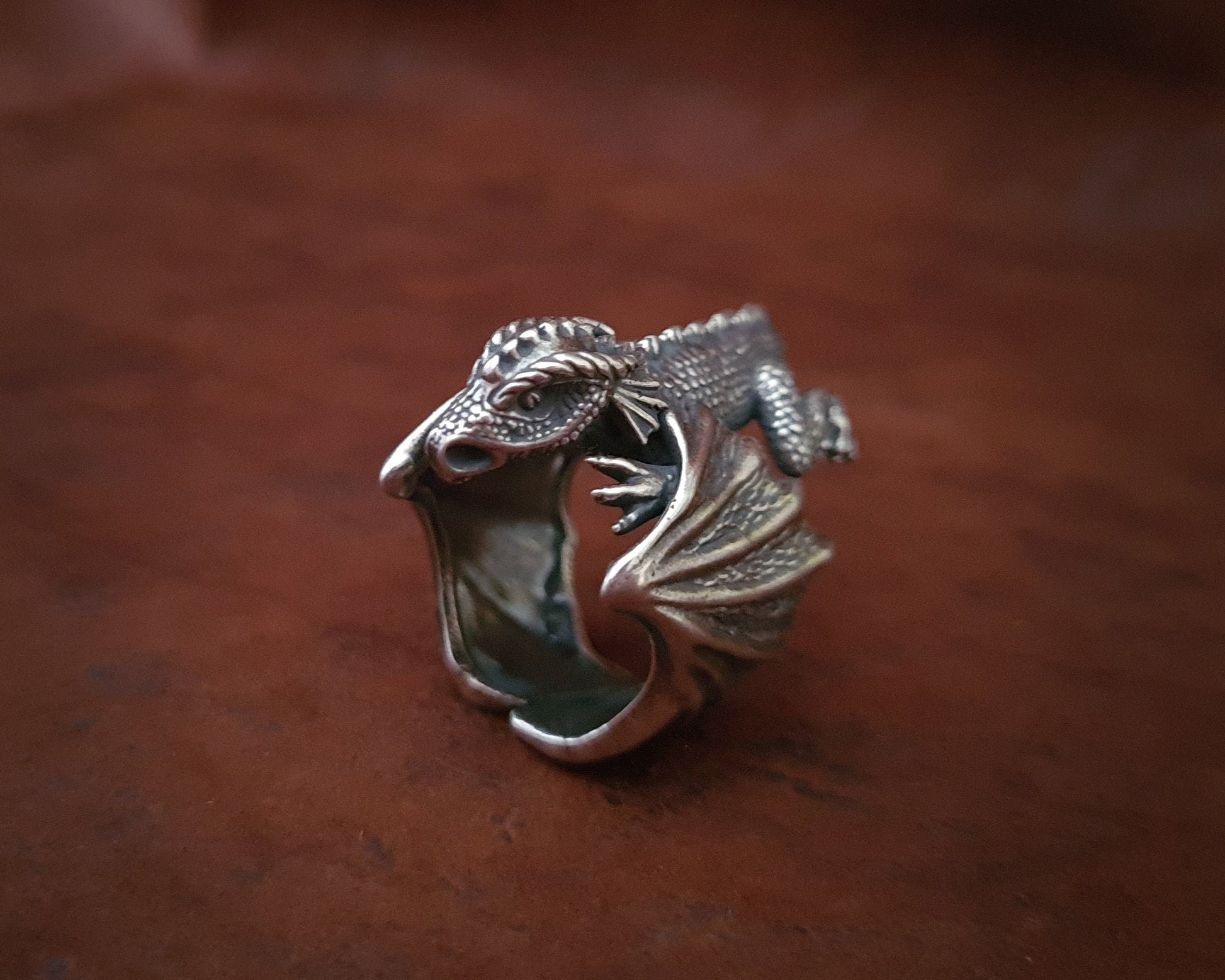 Large 925 Sterling Silver Dragon Celtic Fantasy Viking Adjustable Ring - Baldur Jewelry