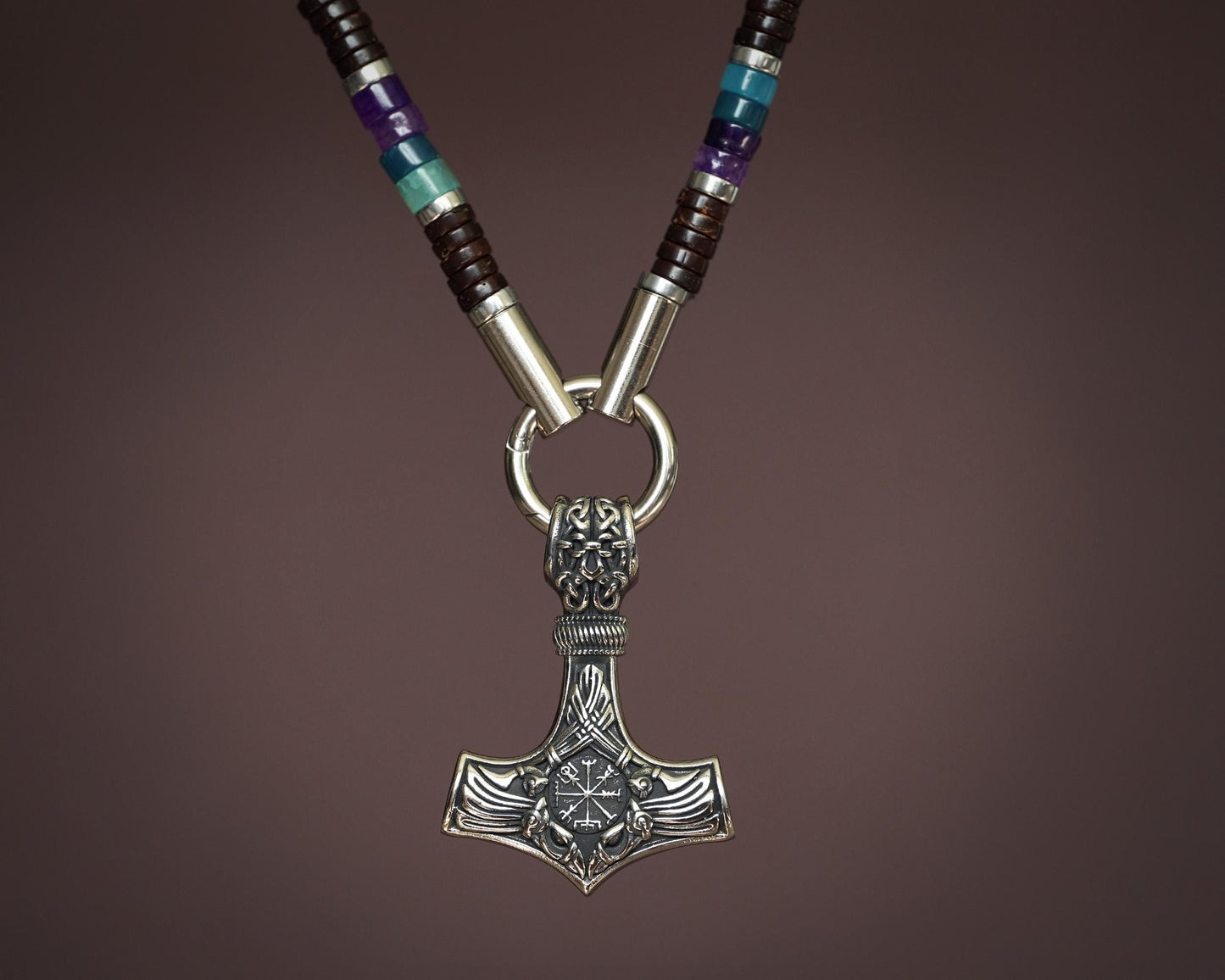 Mens Beaded Surfer Necklace Viking Bead Choker Gift For Men Chain with Thors Hammer Vegvisir Raven Mjölnir Pendant Coconut Beads