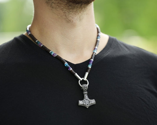 Mens Beaded Surfer Necklace Viking Bead Choker Gift For Men Chain with Thors Hammer Vegvisir Raven Mjölnir Pendant Coconut Beads