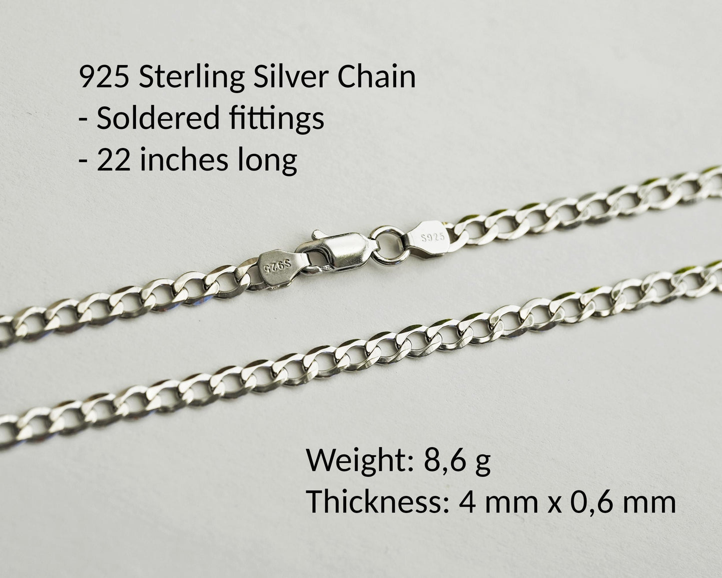 925 Sterling Silver Curb Cuban Chain with soldered fittings 22 inches 4mm