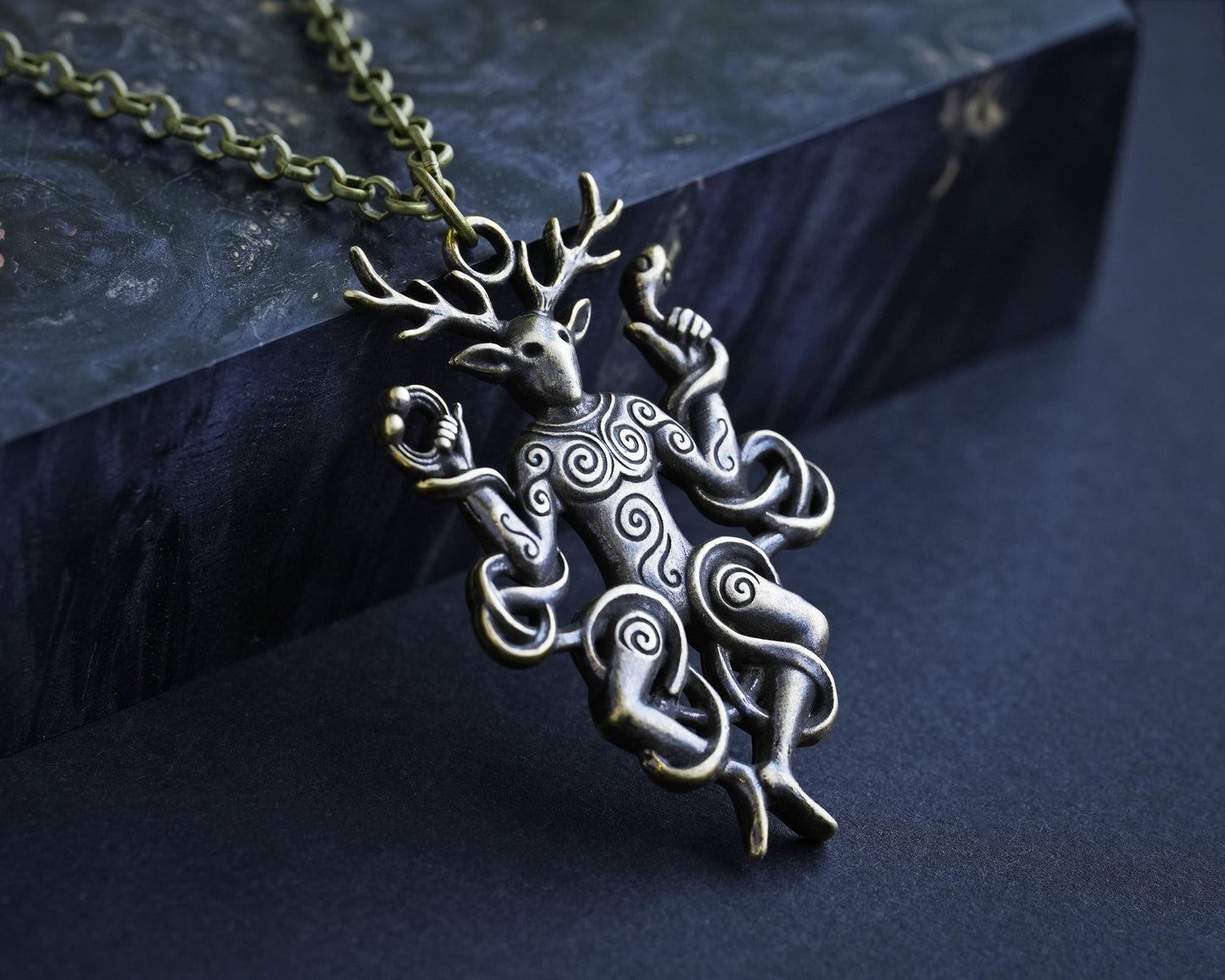 Cernunnos Horned God Necklace, Celtic Antler Pendant, Nature Talisman Viking Jewelry - Sterling Silver / Brass