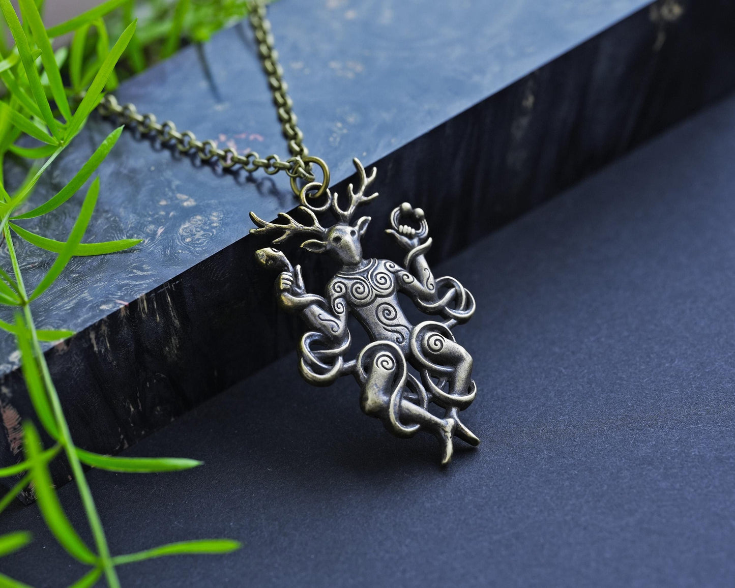 Cernunnos Horned God Necklace, Celtic Antler Pendant, Nature Talisman Viking Jewelry - Sterling Silver / Brass