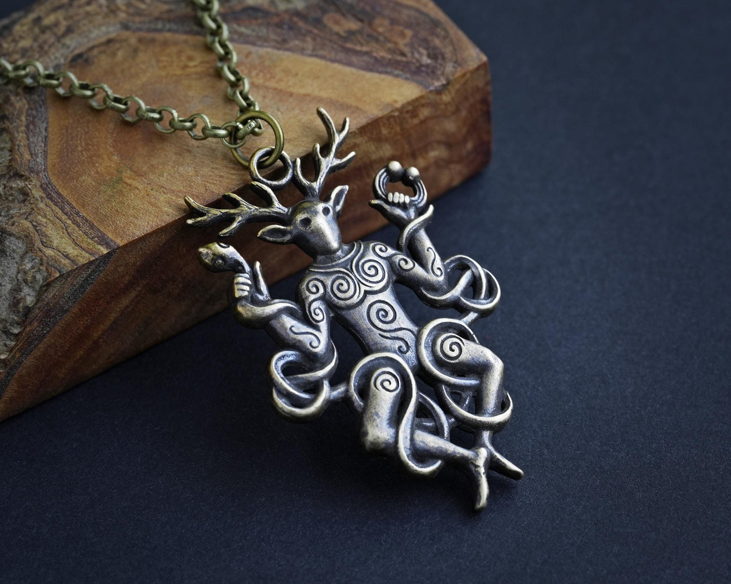 Cernunnos Horned God Necklace, Celtic Antler Pendant, Nature Talisman Viking Jewelry - Sterling Silver / Brass