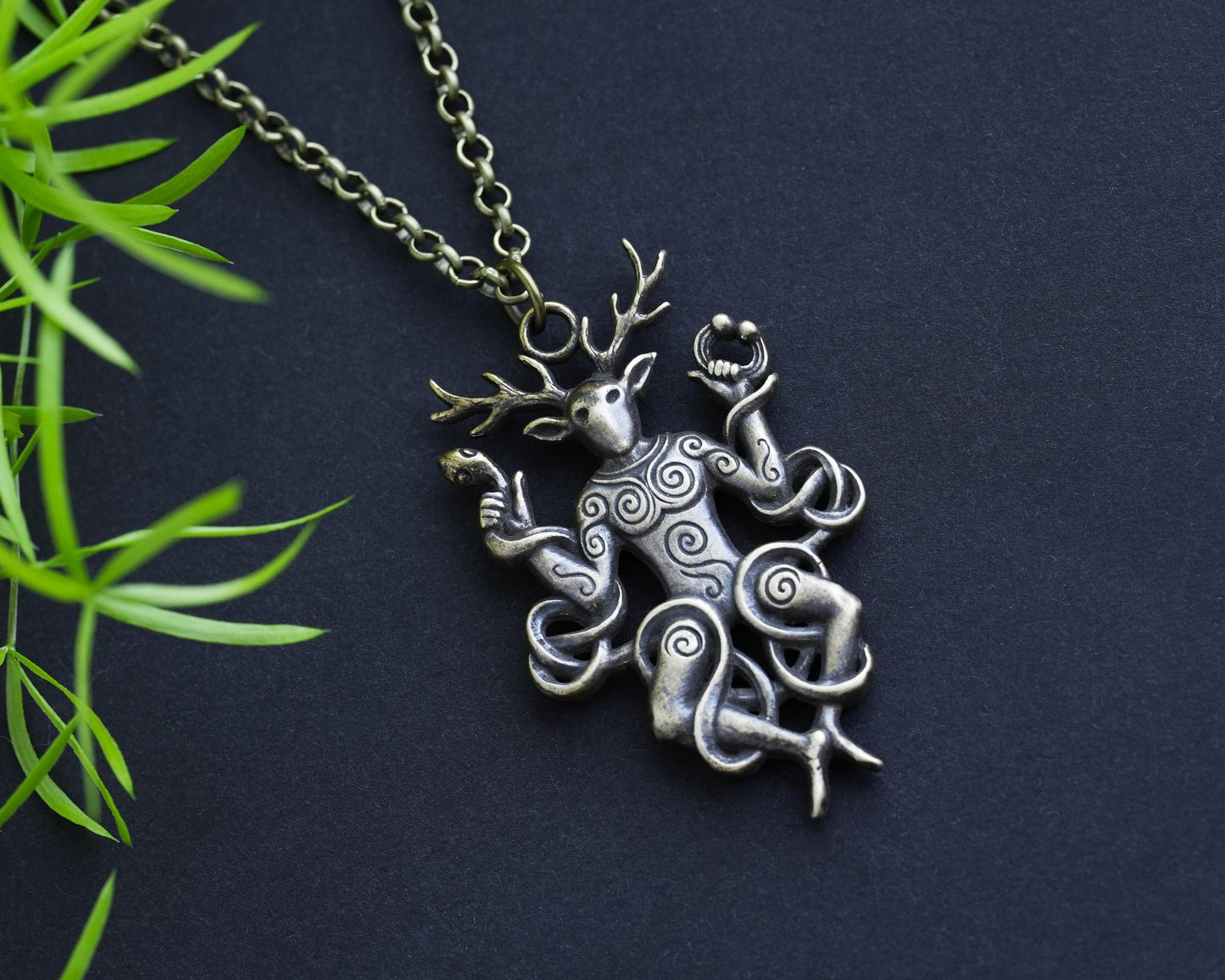 Cernunnos Horned God Necklace, Celtic Antler Pendant, Nature Talisman Viking Jewelry - Sterling Silver / Brass